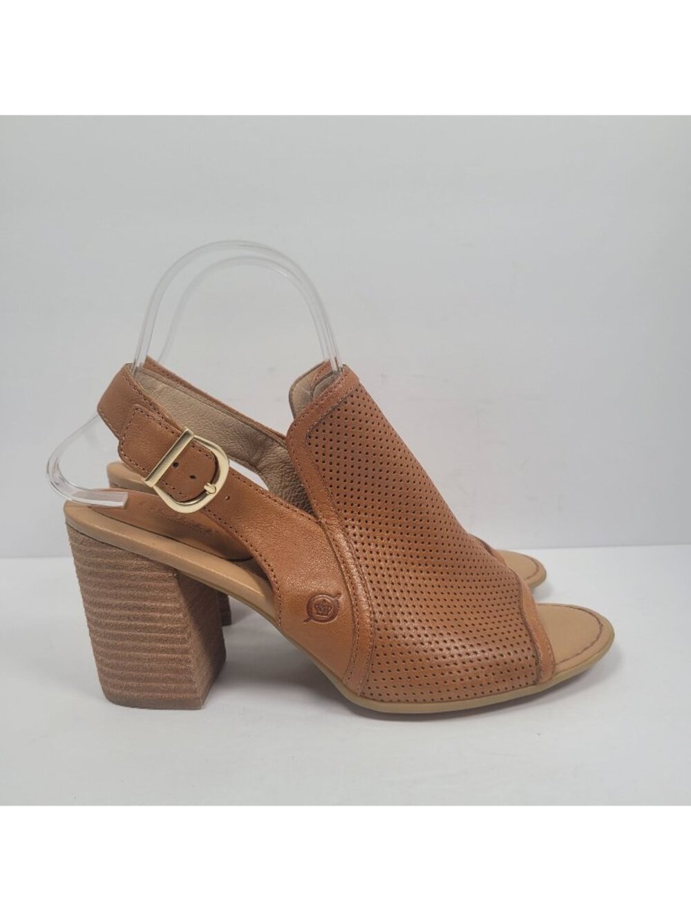 Born Sutra Perf Women's Brown Leather Peep Toe Slingback Block Heels US Size 9M